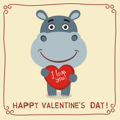Fototapeta premium Happy Valentine's Day! I Love You! Funny hippo with heart in hands. Valentines day card with hippo in cartoon style.