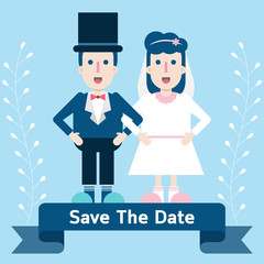 Cute wedding invitation card template with couple of bride and groom.