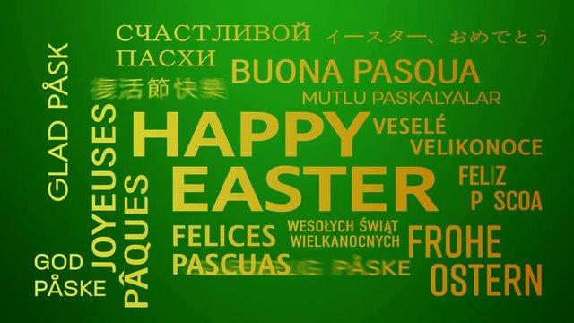 Schlagwortwolke &ndash; Frohe Ostern in verschiedenen Sprachen - Animation - gr&uuml;n - gelb