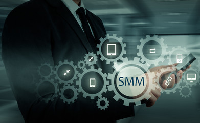 Business, technology, internet and networking concept. SMM - Social Media Marketing on the virtual...