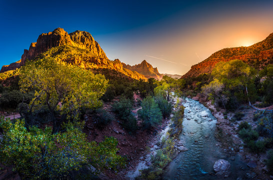 Zion National Park Virgin River and The Watchman at Sunset
