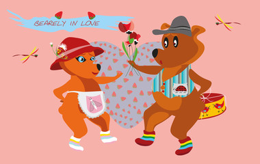 Fototapeta premium Vector illustration for Valentines day with cartoon bear couple with big heart with strawberries