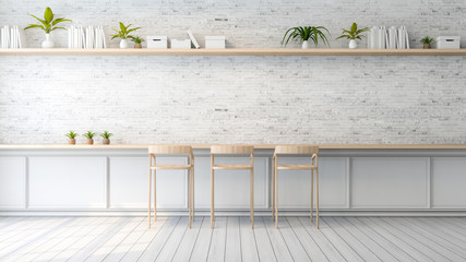 Modern loft interior design , wood bar stool  and white brick wall, 3d render