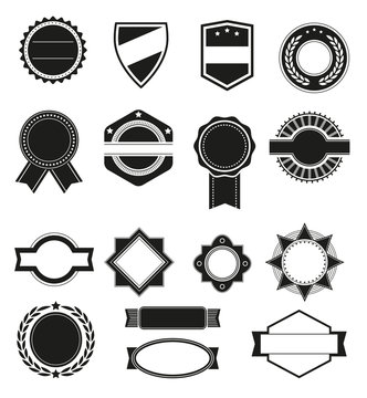 Big set of vector black silhouette frames or shapes for logo badges. Template emblem isolated on the white background.