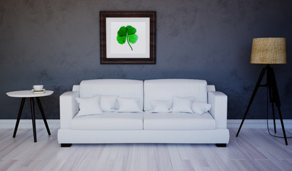 Scene of the interior living room with the image of clover. 3d illustration