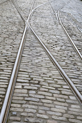 Tram Tracks on Cobble Stone Street