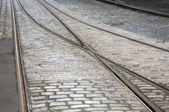 Tram Tracks on Cobble Stone Street