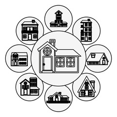 Naklejka premium silhouette pattern with houses logo design in bubbles vector illustration