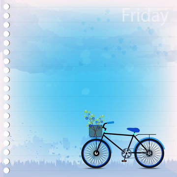 blue bicycle with flowers in basket on blue watercolor note paper background, vector illustration
