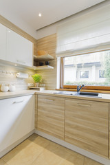 White and wood kitchen with cabinets