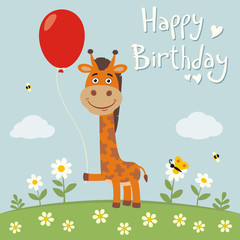 Happy birthday! Funny giraffe with red balloon on flower meadow. Birthday card with giraffe in cartoon style.