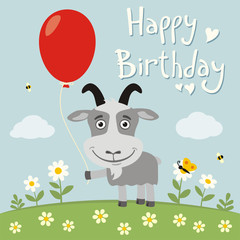Obraz na płótnie Canvas Happy birthday! Funny goat with red balloon on flower meadow. Birthday card with goat in cartoon style.