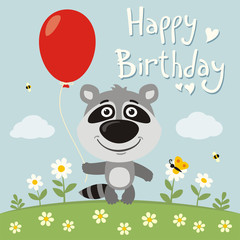 Happy birthday! Funny raccoon with red balloon on flower meadow. Birthday card with raccoon in cartoon style.