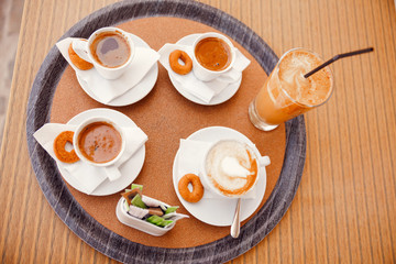 cup of coffee on a tray in cafe