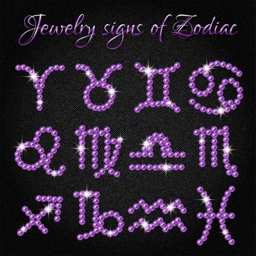 Set of shining jewelry icons with signs of Zodiac on black denim background. Symbols of zodiac horoscope. Vector illustration
