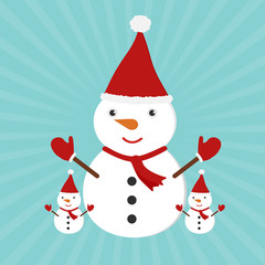 Cute Christmas greeting card with cartoon snowman family with sunrays background. Vector illustration Merry Christmas concept.