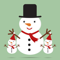 Cute Christmas greeting card with cartoon snowman family. Vector illustration Merry Christmas concept.
