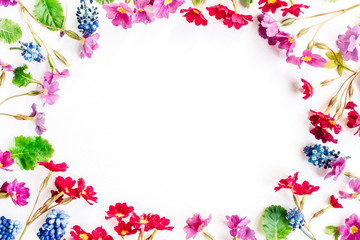 Frame of wildflowers on white background. Flat lay, top view
