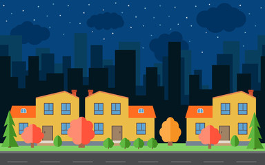 Vector night city with cartoon houses and buildings. City space with road on flat style background concept. Summer urban landscape. Street view with cityscape on a background
