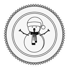 monochrome contour circle with snowman with scarf vector illustration
