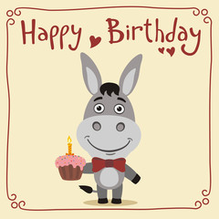 Happy birthday! Funny donkey with birthday cake. Greeting card with donkey in cartoon style. - 134563309