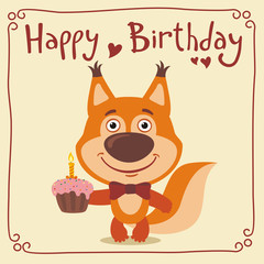 Happy birthday! Funny squirrel with birthday cake. Greeting card with squirrel in cartoon style.