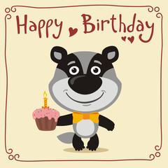 Happy birthday! Funny badger with birthday cake. Greeting card with badger in cartoon style.