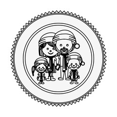 monochrome contour circle with family with christmas clothes vector illustration