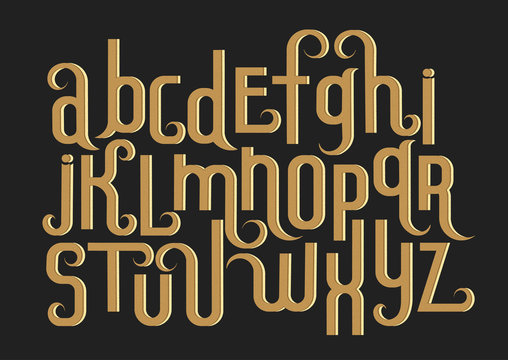 Vector alphabet set. Lowercase 3d letters with decorative flourishes and fine texture in the Art Nouveau style. Beige letters on black background.