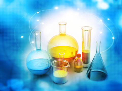 Chemical laboratory glassware on abstract blue background.