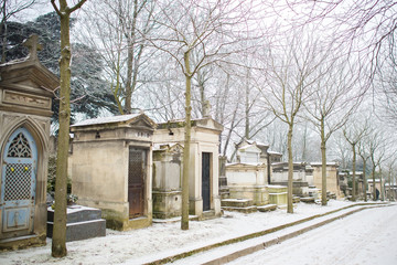 Paris, the Pere-Lachaise cemetery, snow in winter