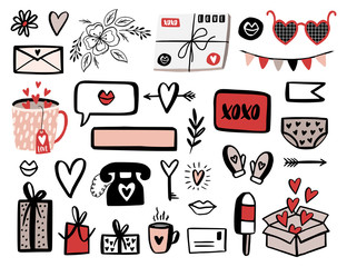 Valentines Day set with love elements, heart, overlays, speech bubbles and etc. Template for Stickers, Greeting Scrapbooking, Congratulations, Invitations, Planners. - 134564326