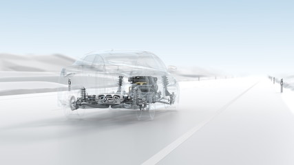 City car structure overview during driving. 3d illustration