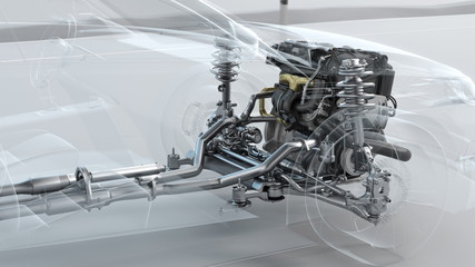 City car structure overview during driving. 3d illustration