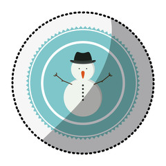 color circle with middle shadow sticker with snowman with hat vector illustration