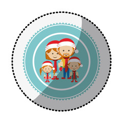 color circle with middle shadow sticker with family with christmas clothes vector illustration