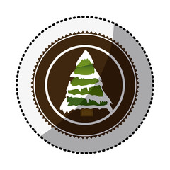 color circle with middle shadow sticker with christmas tree with snow vector illustration