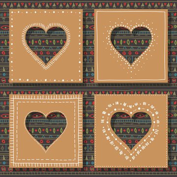 Concept of four greeting cards for Valentine's Day, 14 February. Square brown cardboard with hole in shape of heart with hand drawn white image. Seamless color ethnic pattern on black background.