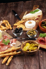 Italian antipasti wine snacks set. Cheese variety, Mediterranean