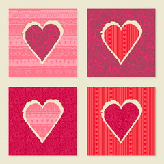 Vector set of vintage templates for Valentine's Day 14 February. Hearts of torn patterned festive paper. Seamless ornament in the background. Pink and red colors.