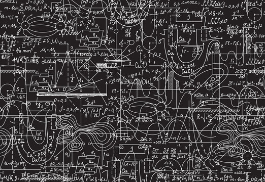 Math scientific vector seamless pattern with mathematical and physical formulas, calculations, tasks, figures and equations, shuffled together. You can use any color of background
