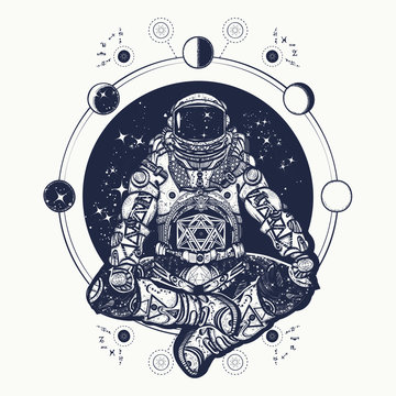Astronaut in the lotus position tattoo art. Symbol of meditation