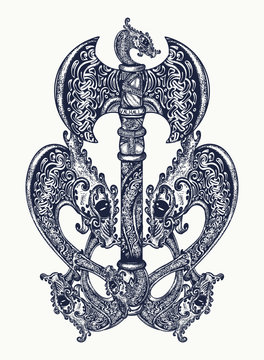 Axe in the Celtic style tattoo art. Thor's Hammer axe viking