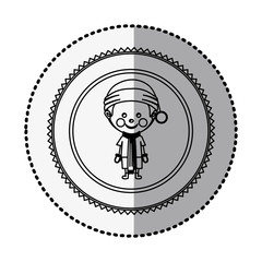 monochrome circle with middle shadow sticker with boy with christmas clothes vector illustration