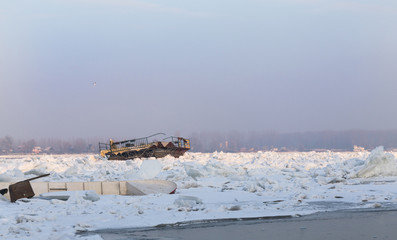 View on the frozen river Danube
