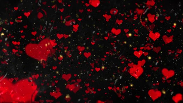 Valentinstag fallende Herzen hinter einer Glasscheibe mit Wassertropfen