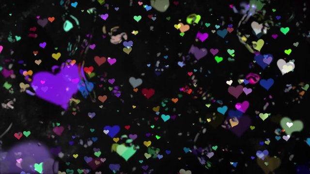 Valentinstag fallende Herzen hinter einer Glasscheibe mit Wassertropfen