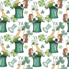 St Patrick's Day Illustration Seamless Pattern Hand-Painted Green Shamrock Background Texture Wallpaper Scrapbook Paper