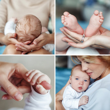 A collage of four photos of the mother and newborn child,the mother supports the baby's head ,mother holding her son in her arms,a small child's hand rests over the index finger of the mother