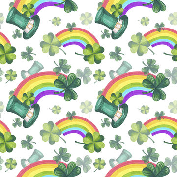 St Patrick's Day Illustration Seamless Pattern Hand-Painted Green Shamrock Background Texture Wallpaper Scrapbook Paper